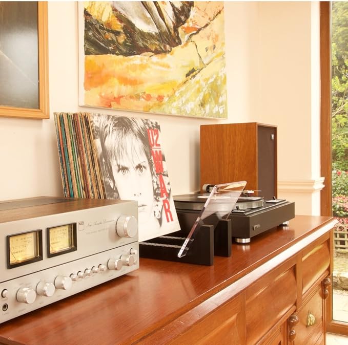 KAIU Vinyl Record Storage - Solid Wood with Crystal Clear Acrylic Holder - Premium Design, Perfect 12" LPs or 7" Singles Display Unit - Stores and Supports up to 50 Albums (Modern Black)