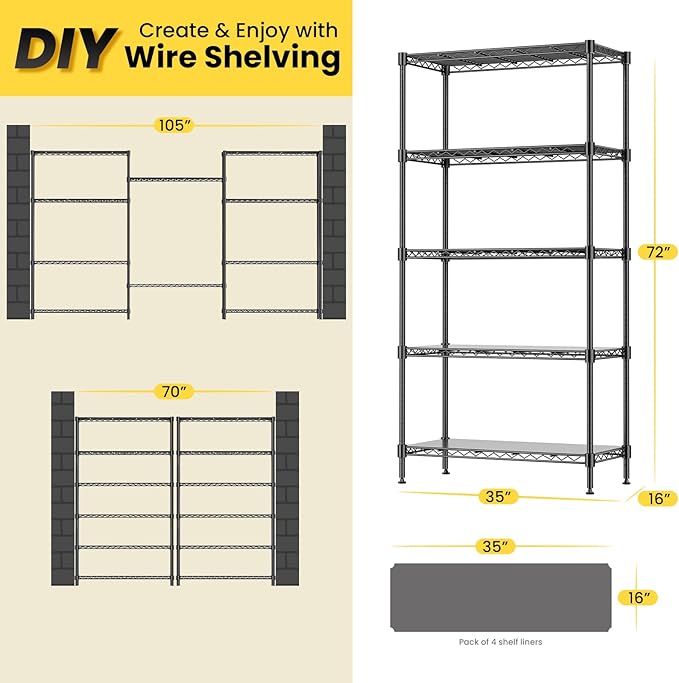 72" H Storage Shelves 5 Tier Wire Shelving with Shelf Liners, Adjustable Metal Garage Shelving, 1325LBS Heavy Duty Commercial Storage Rack for Pantry Kitchen, 35" W x 16" D x 72" H, Black