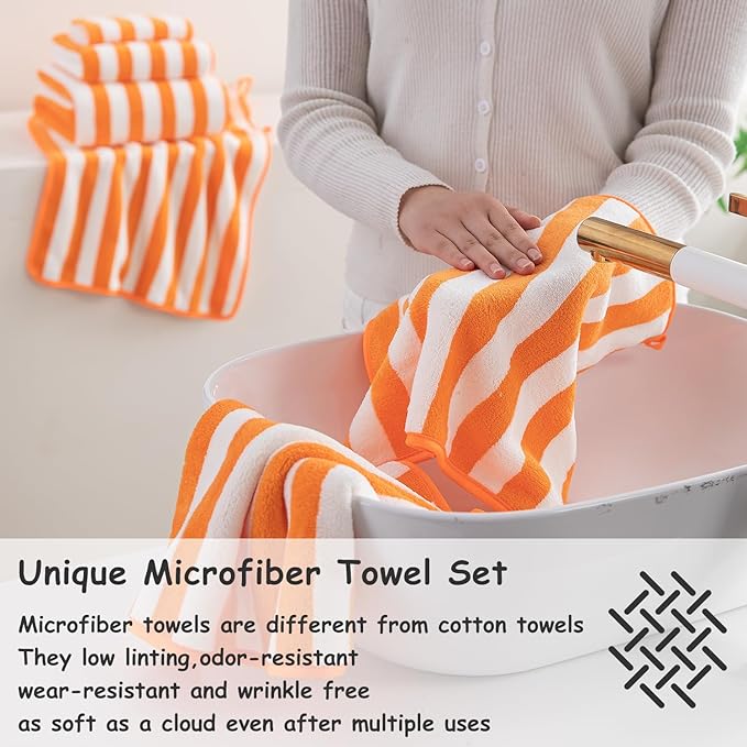 18 Pcs Orange Cabana Stripe Family Towels Set with Hanging Loop-6 Bath Sheets,6 Hand Towels,6 Washcloths Ultra Soft Bathroom Towel Highly Absorbent Quick Dry Shower Towel for Beach Chair,Spa,Gym,Hotel