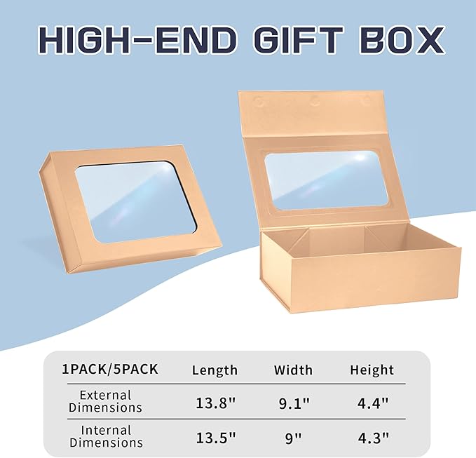 TIACABO Rose Gold Large Gift Box with Window, 13.5"x9"x4.3" Bridesmaid Boxe for Gifts Giving,Birthday Gift Boxes with Magnetic,Closure Lid Gifts Box for Presents,Cute Boxe,Luxury for Gift Packaging