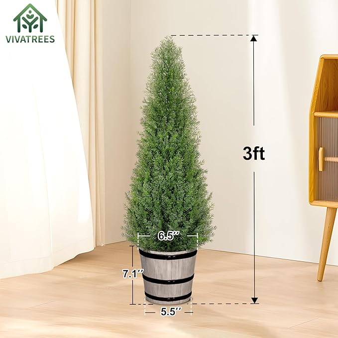 3FT Artificial Cedar Topiary Trees with Rustic Barrel Planter, Outdoor Indoor Realistic Faux Pine Shrubs Plants, Fake Cypress Trees for Home Offices Porch Decor, Set of 2