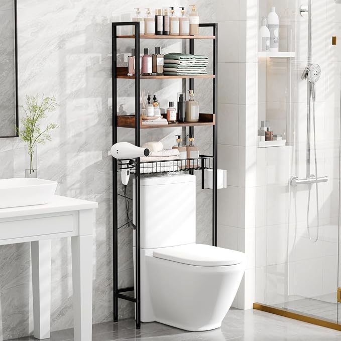 VINGLI Over-The-Toilet Storage Cabinet | 4-Tier Adjustable Shelves with Basket & Hairdryer Holder | Freestanding Bathroom Organizer Above Toilet, Durable Space-Saving Rack with Hooks (Rustic Brown)