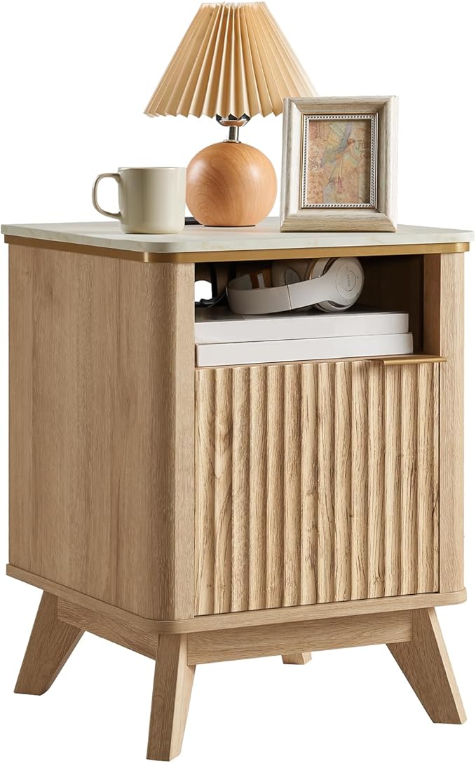 QUW Fluted Nightstand with Charging Station, Bedside Table with Open Storage and Cabinet, 18" Modern Side Table, End Table for Bedroom, Living Room, Natural Oak