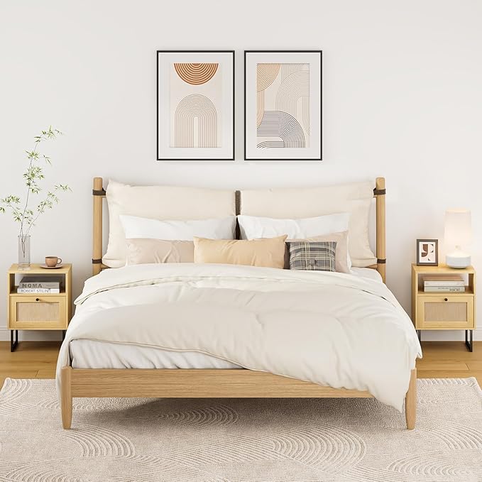 Rattan Nightstand, Boho Night Stand Farmhouse Wood Bedside Table with Storage and Open Shelf, End Side Accent Table for Bedroom,Living Room,Oak