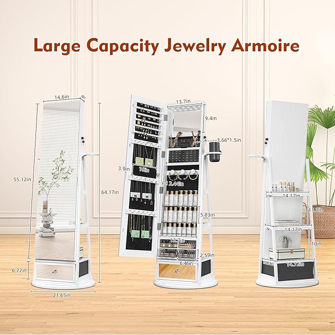 Mirror Jewelry Cabinet Standing, 360° Swivel Jewelry Armoire with 6 LED Lights, Rotatable Mirror Jewelry Organizer, White