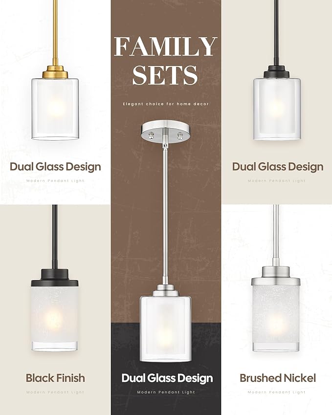 TENGXIN Modern Pendant Light,Brushed Nickel Modern Pendant Light for Kitchen Island,Hanging Ceiling Light Fixture,Farmhouse Pendant Lighting for Dining Room Bedroom Bar Office 2Pack,TXPLBN02-2PK