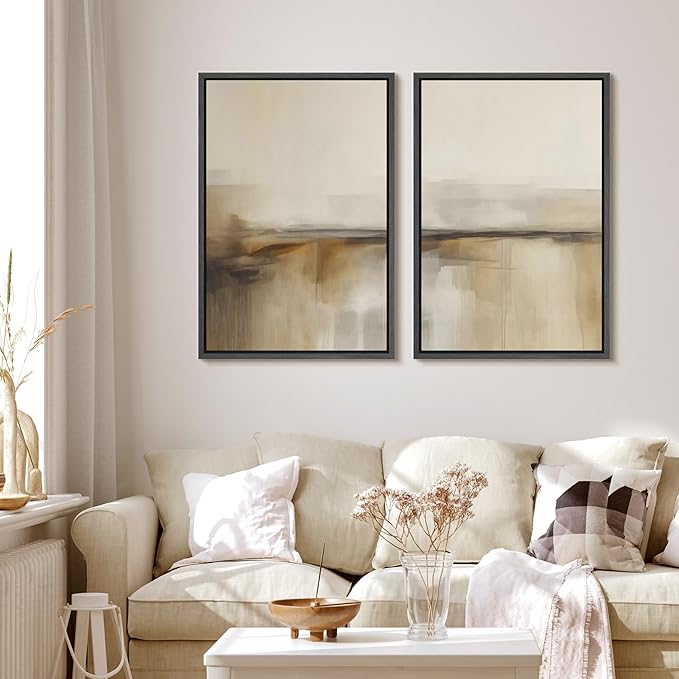 MUDECOR Framed Canvas Print Wall Art Set Abstract Beige and Brown Gradient Neutral Minimalist Landscape Illustrations Modern Art Decorative Calm for Living Room, Bedroom, Office - 16"x24"x2 Black