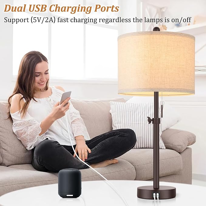 Modern Brown Table Lamps Set of 2, 23’’-30’’ Adjustable Bedroom Lamps with 2 USB Ports, Living Room Lamp Set with Cream Linen Shade, Industrial Desk Lamp for Nightstand End Table Home Office Reading
