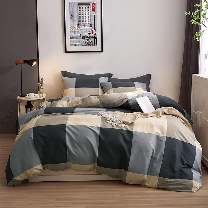 VM VOUGEMARKET Plaid Duvet Cover King,Black Gray Checkered Bedding Set with Zipper Ties,Simple Luxury Boys Men Comforter Cover Set Soft Cotton Home Bedding-104x90