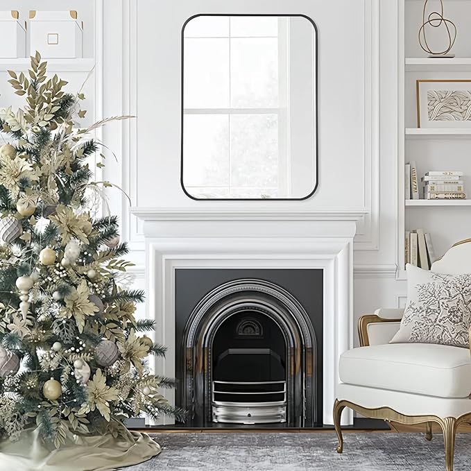 FARMER 48x30 Inch Black Bathroom Mirror, Brushed Rectangle Vanity Mirrors for Wall, Metal Frame Wall Mirror, Vanity Mirror with Round Corner for Bedrooms, Entryways, Living Rooms, Horizontal/Vertical