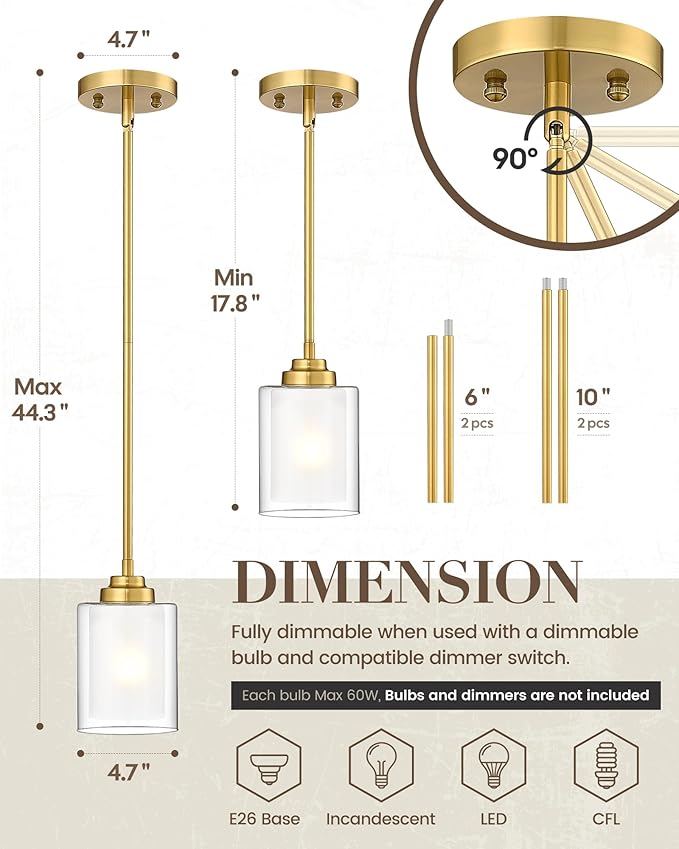 TENGXIN Modern Pendant Light, Brushed Gold Modern Pendant Light for Kitchen Island, Hanging Ceiling Light Fixture, Farmhouse Pendant Lighting for Dining Room Bedroom Bar Office,TXPLBG02