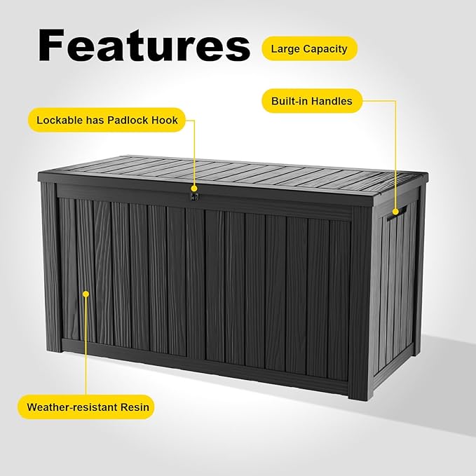 ROJIK 150 Gallon Outdoor Storage Box Waterproof-Patio Furniture Resin Deck Box, Garden Tools, Cushions, Pool Accessories Storage Bench with Lockable Lid and Side Handles (Black, 150 Gal)