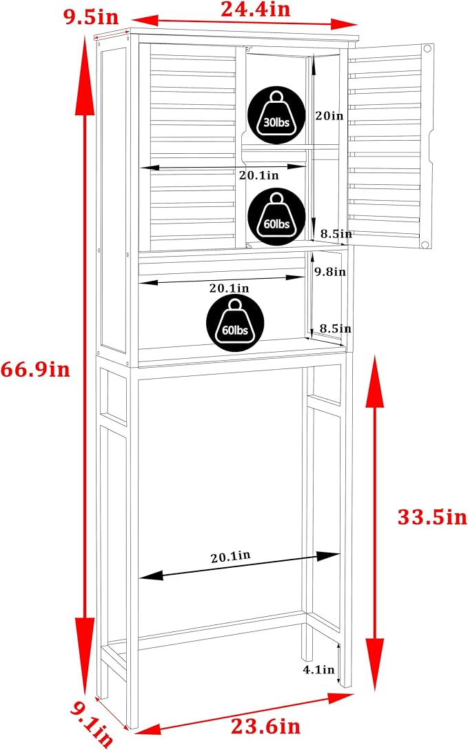 MUPATER 67" H Bathroom Over-The-Toilet Storage Cabinet with Doors and Shelves, Bamboo Over Toilet Organizer, Freestanding Tall Space Saver Toilet Rack, Natural Wood