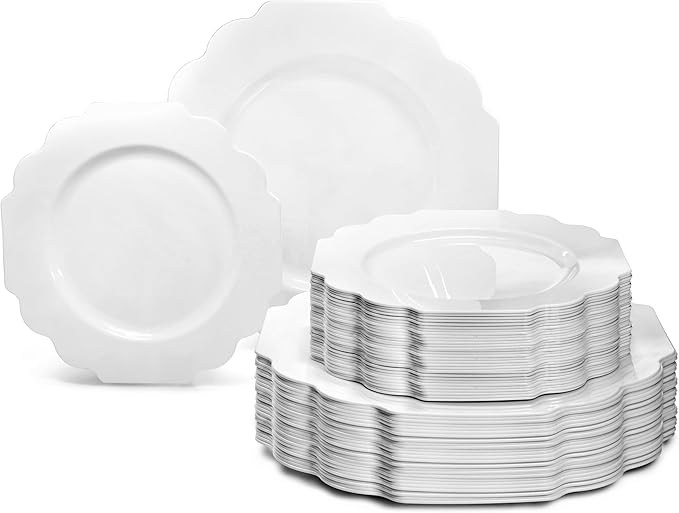 " OCCASIONS " 120 Plates Pack,(60 Guests) Heavyweight Wedding Party Disposable Plastic Plates Set -60 x 10.5'' Dinner + 60 x 8'' Salad/Dessert Plate (Imperial White)