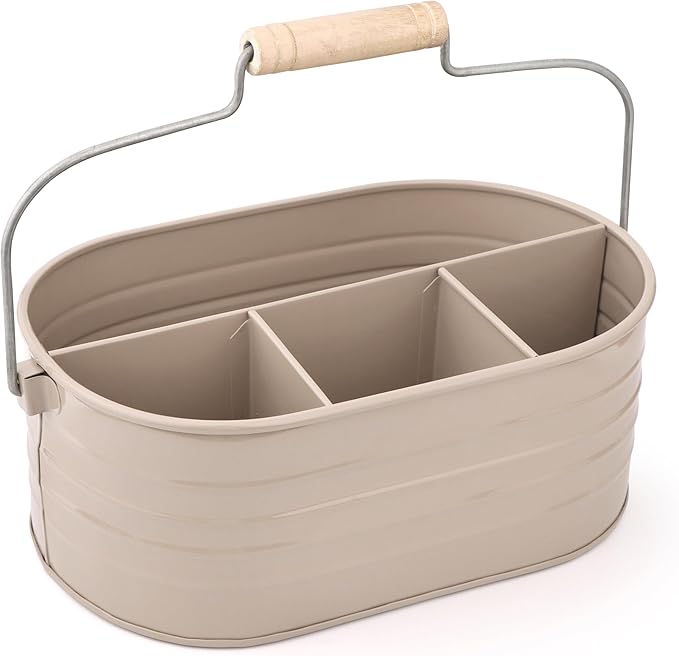 Alpha Living Home Multi-Functional Utensil Caddy – 4-Compartment Organizer for Kitchen, Party & Office – Durable Beige Powder-Coated Iron Alloy with Wooden Handle