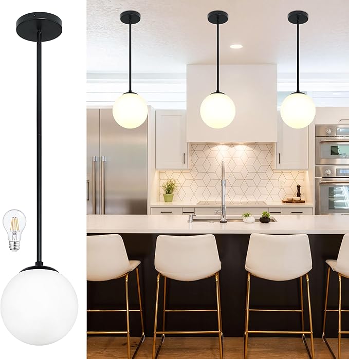 8" Globe Pendant Light Black Mid Century Modern Light Fixture Milk Glass Pendant Light Globe Pendant Lights Kitchen Island Matte Black Finished with Milk Glass Lampshade for Dining Room