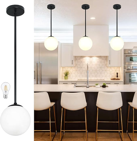 8" Globe Pendant Light Black Mid Century Modern Light Fixture Milk Glass Pendant Light Globe Pendant Lights Kitchen Island Matte Black Finished with Milk Glass Lampshade for Dining Room