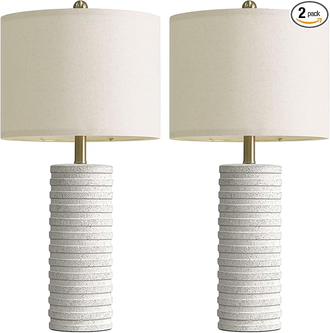 PoKat 27" Farmhouse Ceramic Table Lamps Set of 2 for Bedroom, Stone-Like Rustic Nightstands Lamps for Night Stands, Distressed Neutral Bedside Lamps with Natural Textured for Living Room, Home Decor