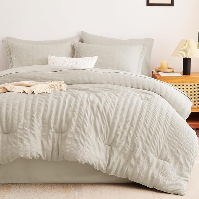 CozyLux Queen Comforter Set Oatmeal Seersucker 7 Pieces Bed in a Bag Queen Comforter Set with Sheets Luxury Soft Bedding Set with Down Alternative Comforter, Sheets, Pillowcases & Shams for All Season