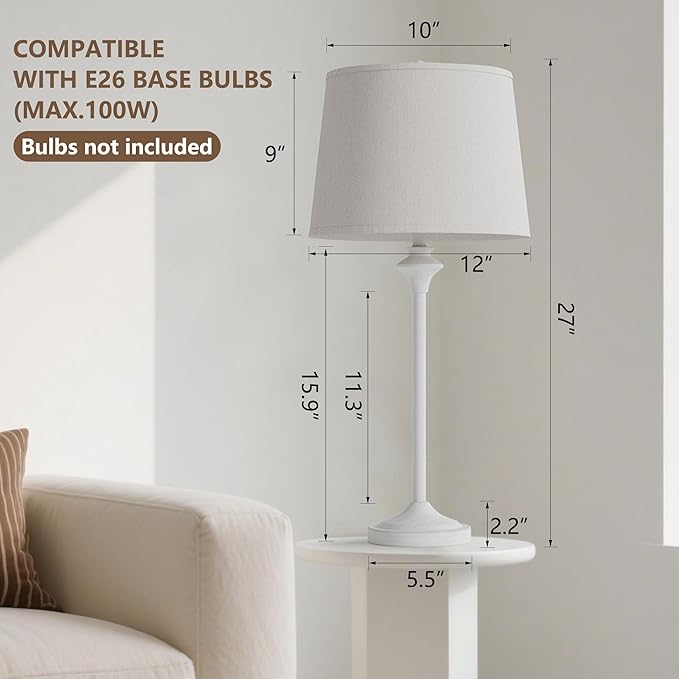 Maxax Farmhouse Table Lamps Set of 2 for Living Room, Antique White Metal Buffet Lamps with Oatmeal Shade Decor, 26" Tall Skinny Bedside Nightstand Lamps for Bedroom