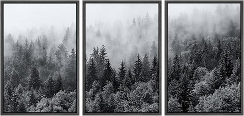 SIGNWIN Framed Canvas Print Wall Art Set Black & White Misty Mountain Forest Nature Wilderness Photography Modern Art Landscape Relax/Calm for Living Room, Bedroom, Office - 16"x24"x3 Black