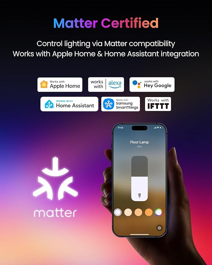 SwitchBot Floor Lamp with Matter, RGB, Warm Cool White, Corner Floor Lamp Compatible with Apple Home, Alexa, Google Home, 1200lm, Music Sync, Scene Modes, 16 Million Colors for Living Room Bedroom