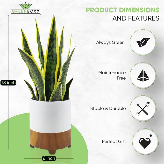 GreenBoxx 18" Artificial Snake Plant Sansevieria - Large Pot - Portable Faux Potted Snake Decor - Fake Green Indoor House Plant for Modern Home Decor, Window, Shelf - Mother in Law Tongue Plant