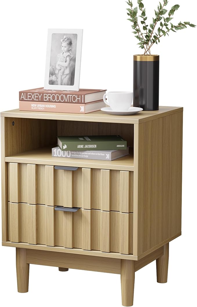 Fluted Nightstand with 2 Drawers, 19" Wide Night Stand with Solid Wood Legs, Open Storage Shelf, Mid Century Modern Wooden Bedside Table for Bedroom, Bed End Side Table, Oak