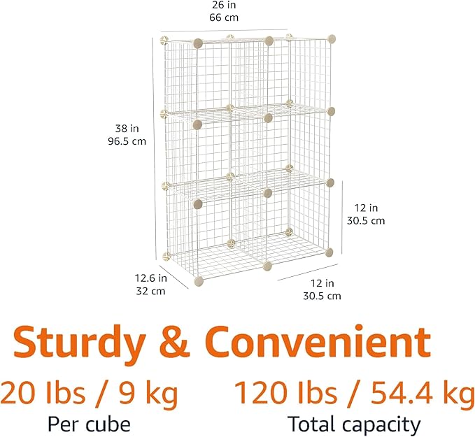 Amazon Basics 6 Cube Wire Grid Stackable Storage Shelves, 12.6 x 26 x 38 inches, White
