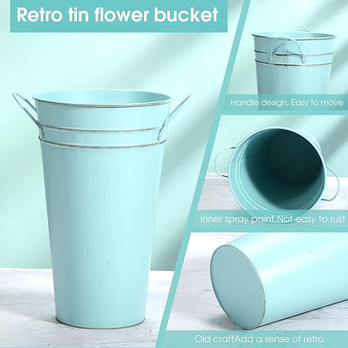 Irenare 12 Inch Vintage Galvanized Flower Bucket Metal Flower Vase Farmhouse French Bucket Planter Metal Floral Container for Party Table Centerpiece Weddings Home(Ice Blue,6 Pcs)