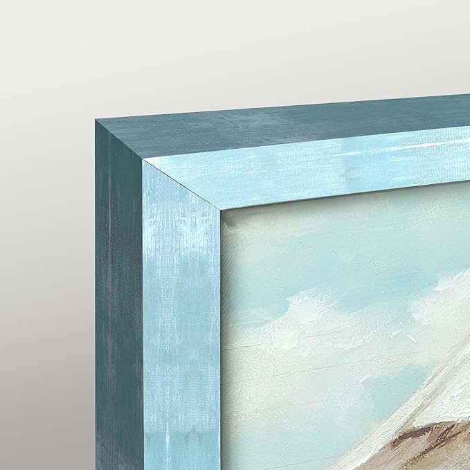 Abstract Coastal Framed Wall Art - Beach Chair Picture Modern Ocean Painting Prints Calming Seascape Wooden Artwork Decor for Bathroom