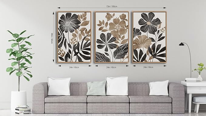 Large Framed Canvas Wall Art - Natural Float Framed Rustic Black Flowers Leaves Pictures Decor Brown Floral Foliage Artwork for Bedroom Living Room Kitchen Home Office Decoration 72" X 36" Set of 3