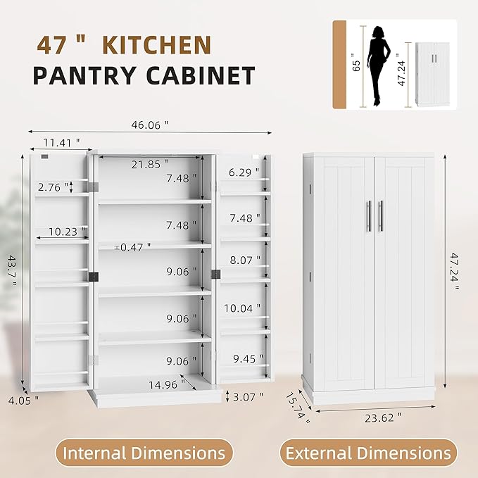 Shintenchi Kitchen Pantry Cabinet,5 - Layer Storage Cupboard with Adjustable Shelves for Organizing and Storing Food Items,47'' Versatile Buffet Sideboard for Kitchen, Bathroom and Laundry,White