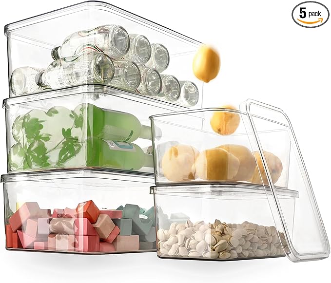 Clear Storage Bins With Lids,5 Packs Food Storage Organizer,Cabinet Storage Basket for Clothing, Towels, Cosmetics, Kitchen Storage Containers,Transparent Pantry Containers (3L+2S)