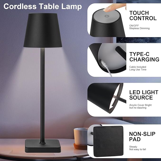 2 Pack Rechargeable Cordless Table Lamps, 5200mAh Battery Touch Table Light, Aluminum Shell Stepless Dimmable Portable LED Desk Lamp for Dinner/Restaurant/Outdoor Black