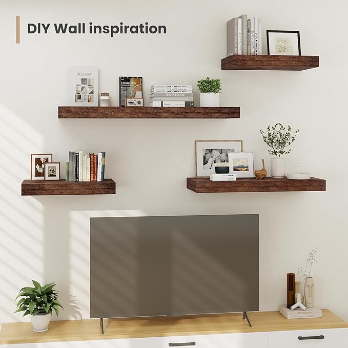Heimlove 12 Inch Deep Floating Shelves, 48 x 12 inches Long Wall Shelf, Large Display Shelf & Storage Shelf, Rustic Wood Wall Shelves for Fireplace Mantel, Set of 2(Rustic Brown)