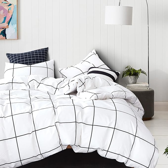 Pureant White Plaid Comforter Sets Full Size Black and Grid Bedding Comforters Cotton Women Men Modern Simple Geometric Quilt Adults Teens Buffalo Soft Full(80''*90''-Comforter)