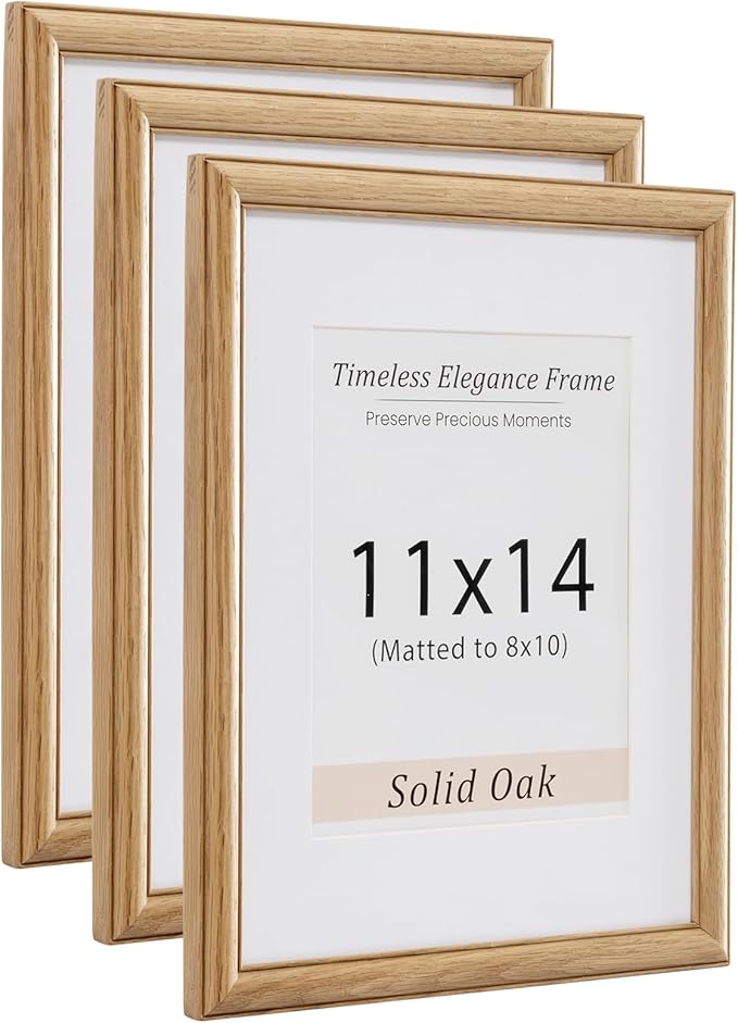 11x14 Picture Frame, Natural Solid Wooden Picture Frames with Tempered Glass, Display 8x10 with Mat or 11 x 14 Without, Vertical or Horizontal Wall Hanging Photo Frame, Natural Oak Color, 3 Pack