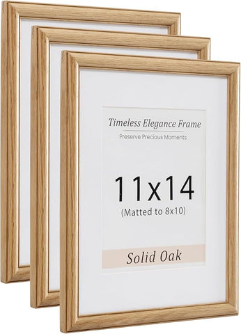 11x14 Picture Frame, Natural Solid Wooden Picture Frames with Tempered Glass, Display 8x10 with Mat or 11 x 14 Without, Vertical or Horizontal Wall Hanging Photo Frame, Natural Oak Color, 3 Pack