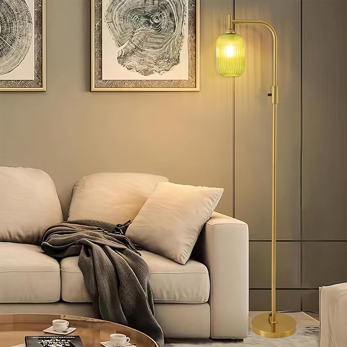 Dimmable Brass Gold Floor Lamp, Mid Century Modern Standing Lamp with Ribbed Green Glass Lampshade,Tall Lamp for Living Room Bedroom Study Room