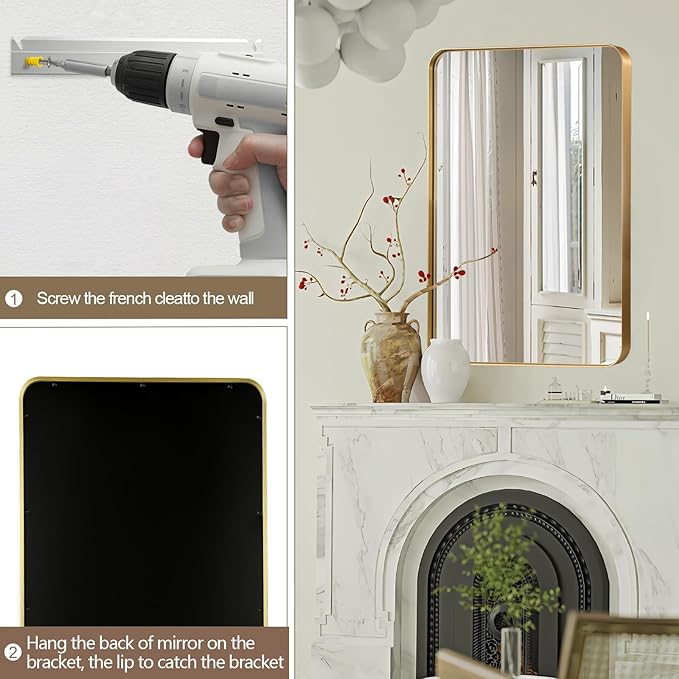 24x36 Inch Rectangle Bathroom Mirror, Brushed Gold Vanity Mirrors for Wall, Metal Frame Wall Mirror, Mirror with Round Corner for Bedrooms, Entryways, Living Rooms, Horizontal/Vertical