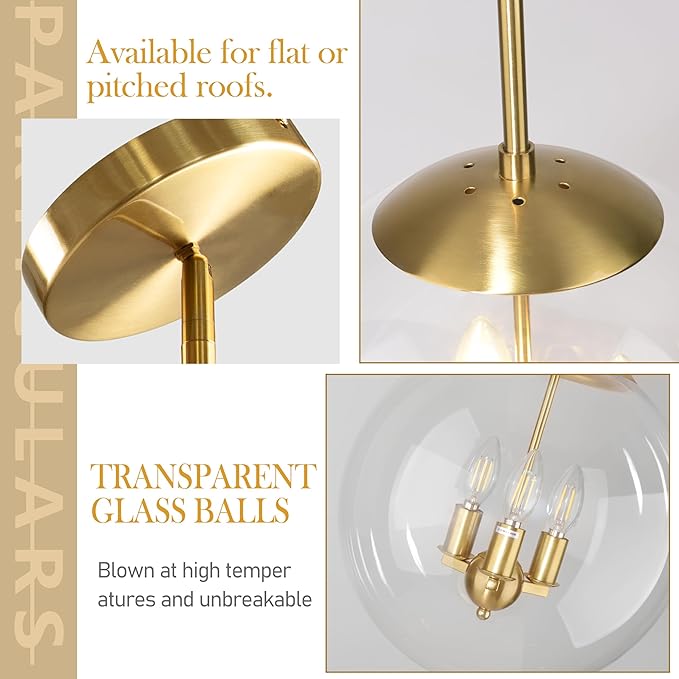 13.7" Globe Pendant Light Contemporary Globe Pendant Lights Kitchen Island 3 Light Gold Mid Century Pendant Light Clear Glass with Brass Finish Adjustable Hanging Light Fixture for Dining Room