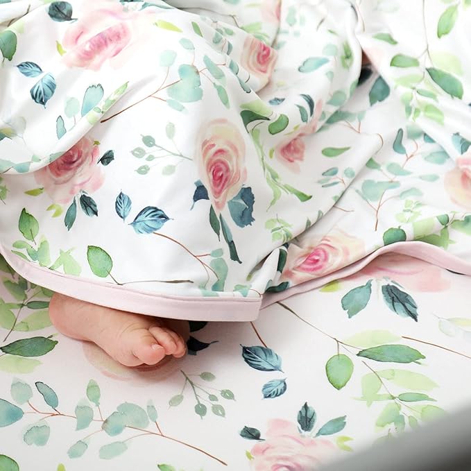 GRSSDER Baby Blankets Super Soft Stretchy Jersey Swaddle Blanket 2 Pack for Baby Girls, Double Layer Reversible Receiving Blankets 34 x 44, Extra Large for Swaddling, Pink Rose & Fruit