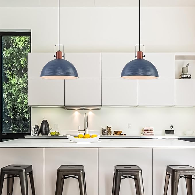 16 Inch Blue Pendant Lights Hammered Matte Pendant Lights for Kitchen Island Industrial Farmhouse Adjustable Height Dome Hanging Light Fixtures for Barn, Dining Room 2 Packs