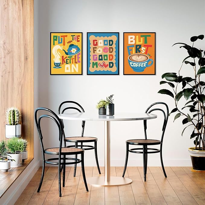 LHIUEM Kitchen Wall Decor Colorful Kitchen MCM Midcentury modern Pictures Set of 3(12”X16”)Funny Quotes Dining Room Framed Wall Decor Terracotta Abstract Cuisine Canvas Wall Art for Restaurant Canteen