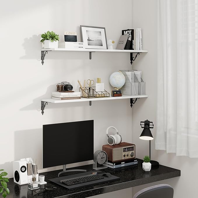 Fun Memories 40 Inch Floating Shelves Wall Mounted, 8 Inch Deep Wall Shelves with Bracket, Rustic Hanging Bookshelf, 40" Bookshelves for for Living Room, Kitchen and Bedroom, White, Set of 2