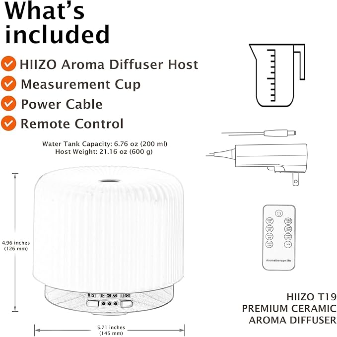 T19 Ceramic Aroma Diffuser – 200ml Ultrasonic Essential Oil Diffuser with Breathing Light, Auto-Off, Natural Wood Base, Handcrafted White Ceramic for Home Décor