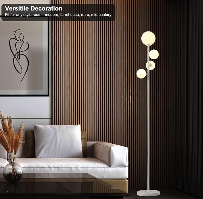 Fiqevs 4 Globe Floor Lamp for Living Room, Modern Standing Lamp with Frosted Sphere Glass Shade, 3000K Warm Light LED Bulbs Included, Tall Tree Lamp for Bedroom, Home & Office - White