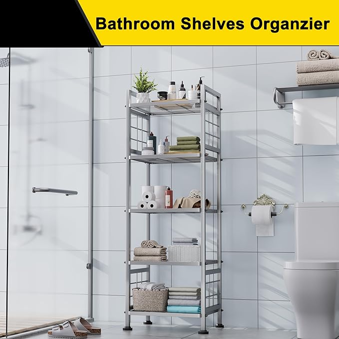 GIOTORENT 5-Wire Standing Storage Shelf, Metal Shelving Unit Pantry Rack for Laundry Kitchen Bathroom Organizer(Silver)