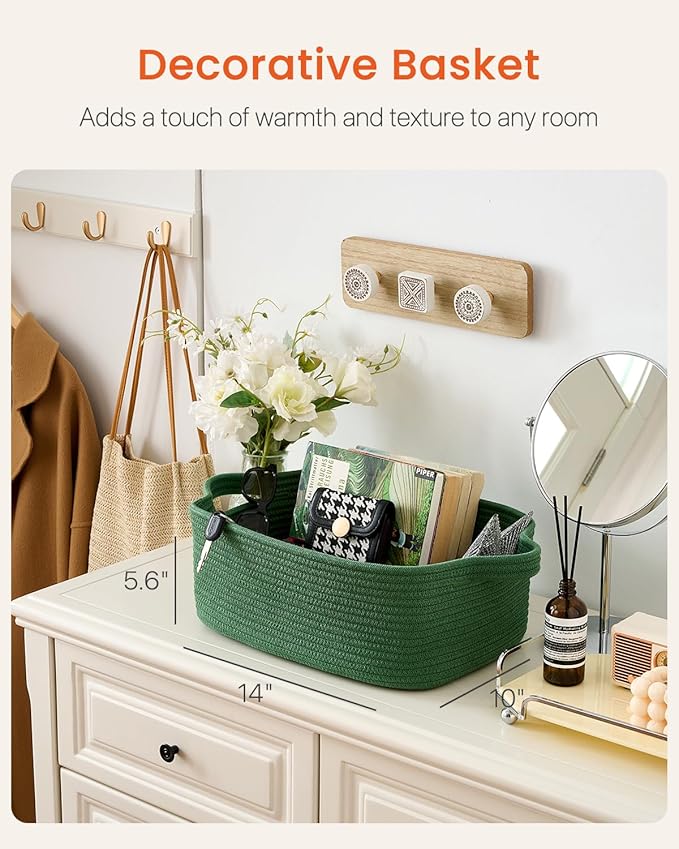 KALLAX Small Woven Basket, 14 x 10 x 5.6 Inches, Small Storage Baskets for Organizing, Gift Baskets Empty, Cute Rope Shelf Closet Storage Bins for Shelves, Dog Toy Basket, Green